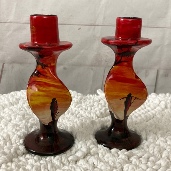 Handmade Accents Twisted Hand Painted African Kenya Candle Sticks